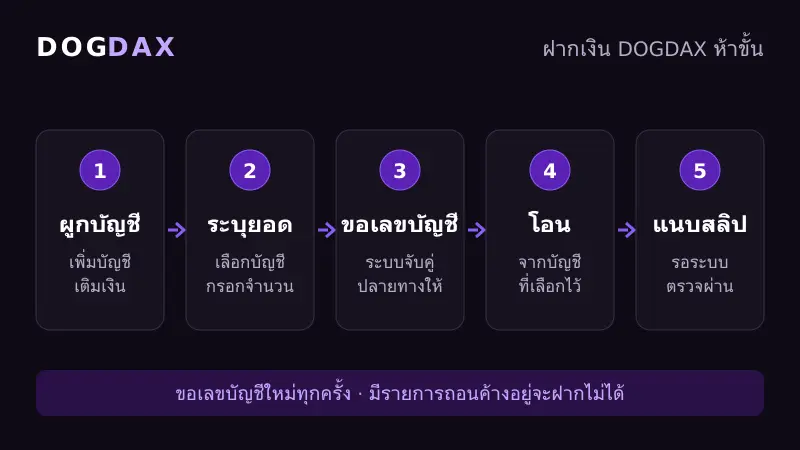 ขั้นตอนฝากเงิน DOGDAX ห้าขั้นตั้งแต่เพิ่มบัญชีเติมเงินจนแนบสลิป